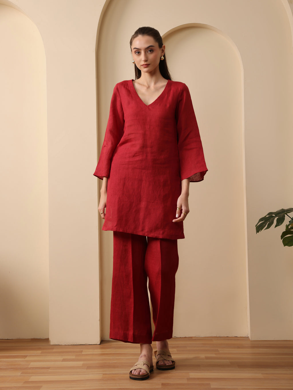 Merlot deep red kurta with pant and khaki short jacket set of 3