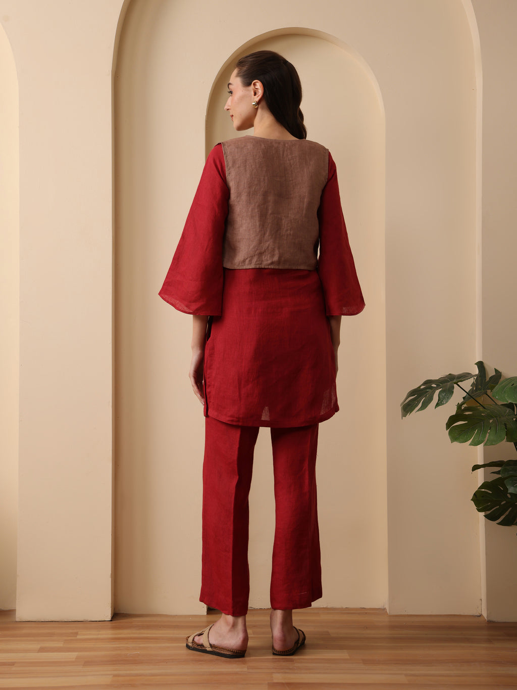 Merlot deep red kurta with pant and khaki short jacket set of 3