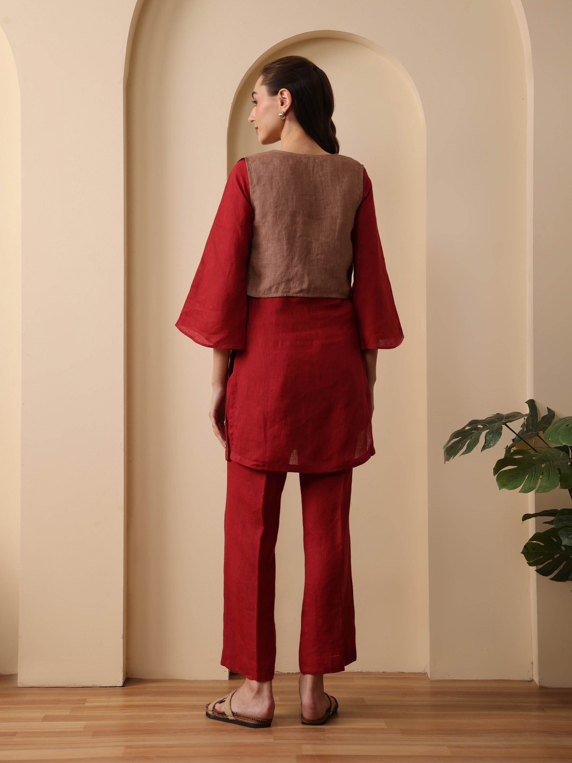 Merlot deep red kurta with pant and khaki short jacket set of 3