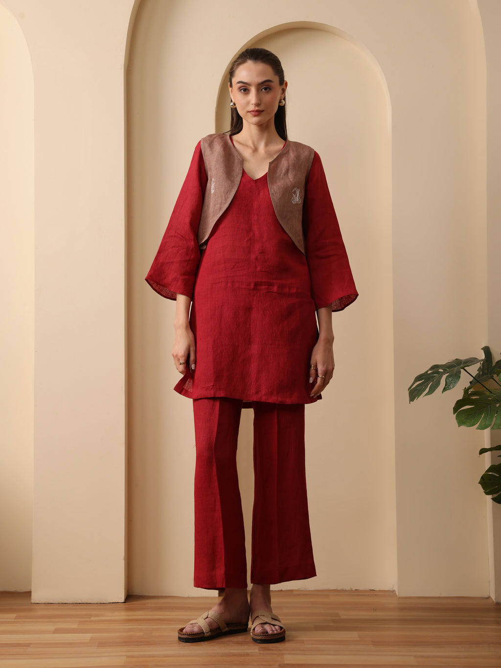 Merlot deep red kurta with pant and khaki short jacket set of 3
