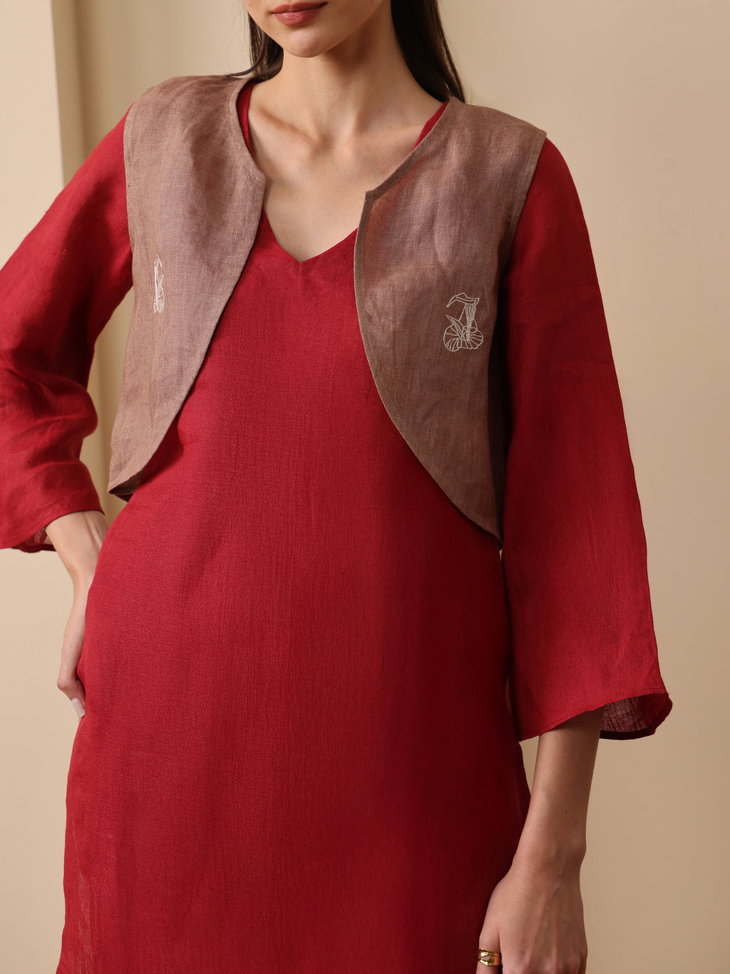 Merlot deep red kurta with pant and khaki short jacket set of 3