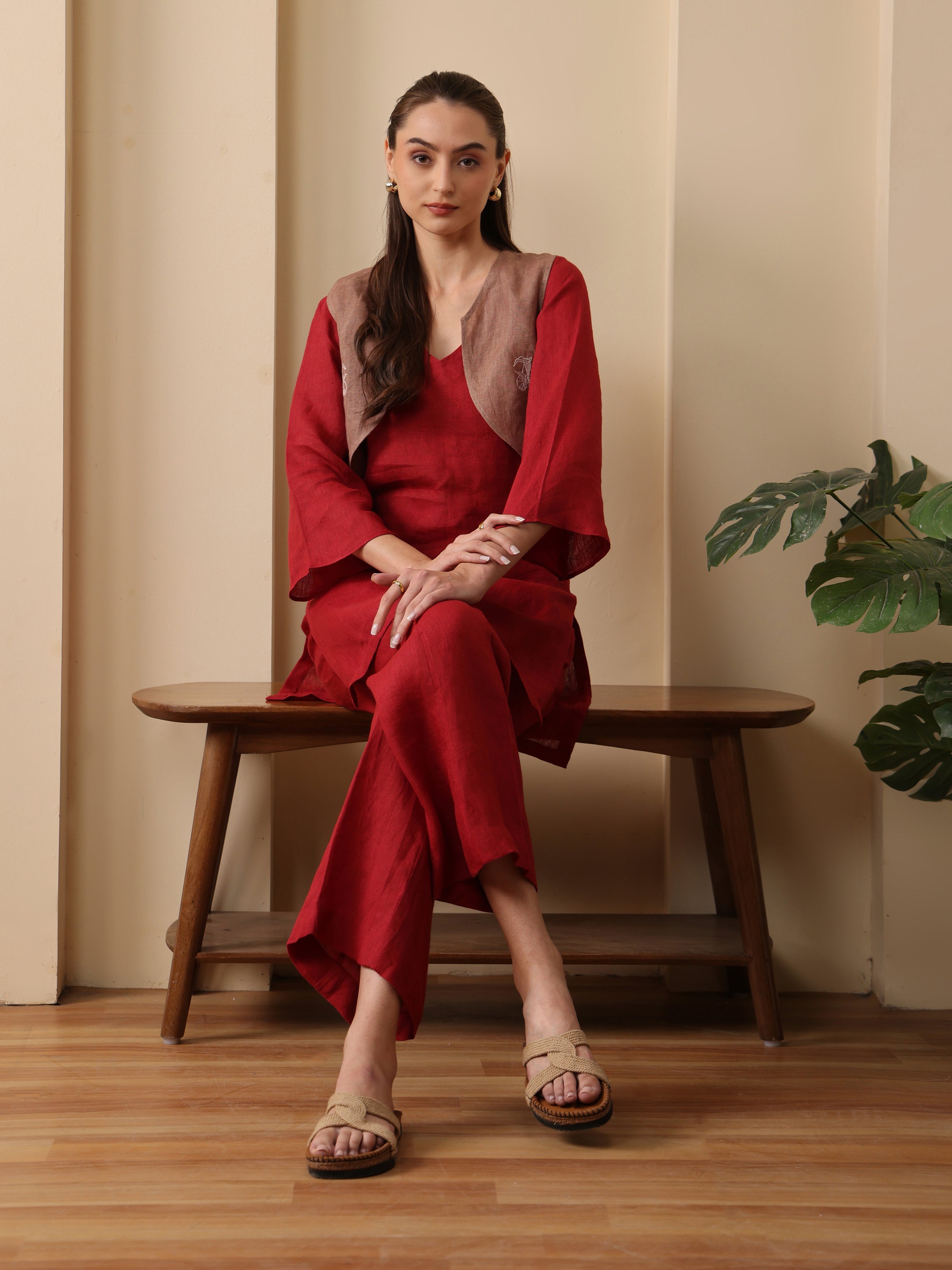 Merlot deep red kurta with pant and khaki short jacket set of 3