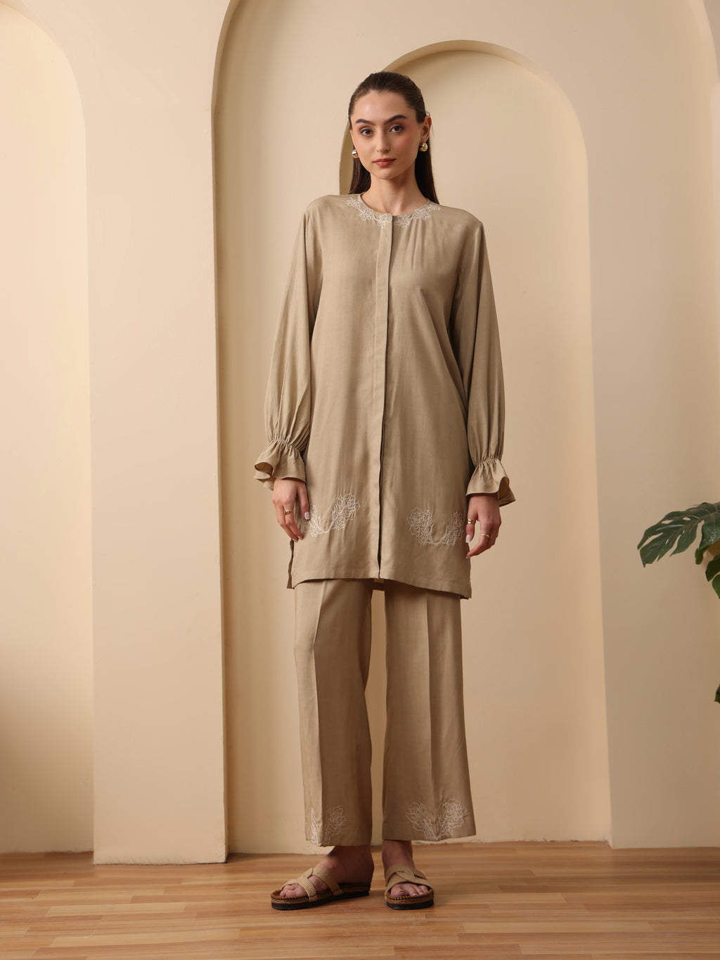 Summer sand embroidered shirt with embroider flared pant