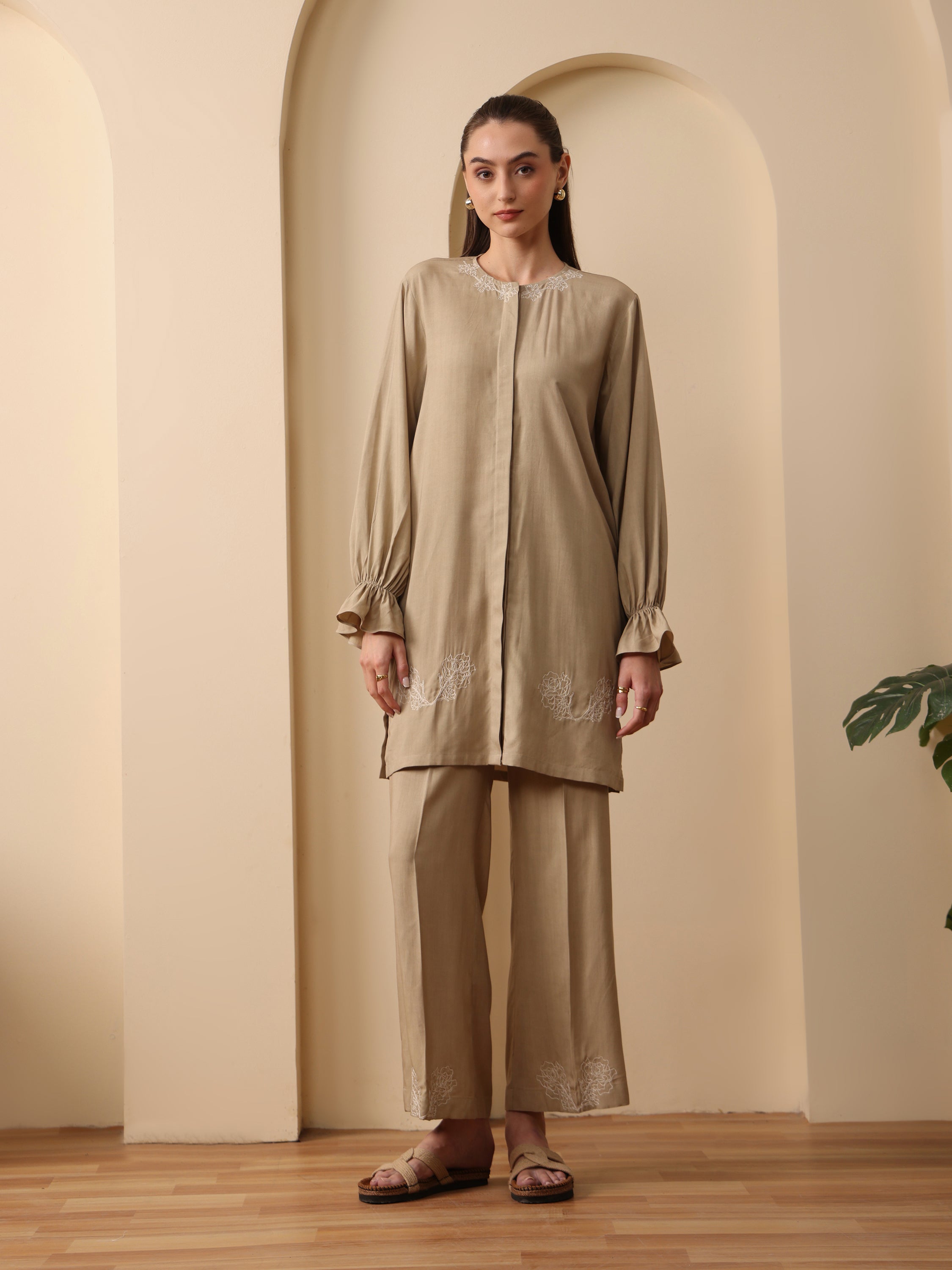 Summer sand embroidered shirt with embroider flared pant