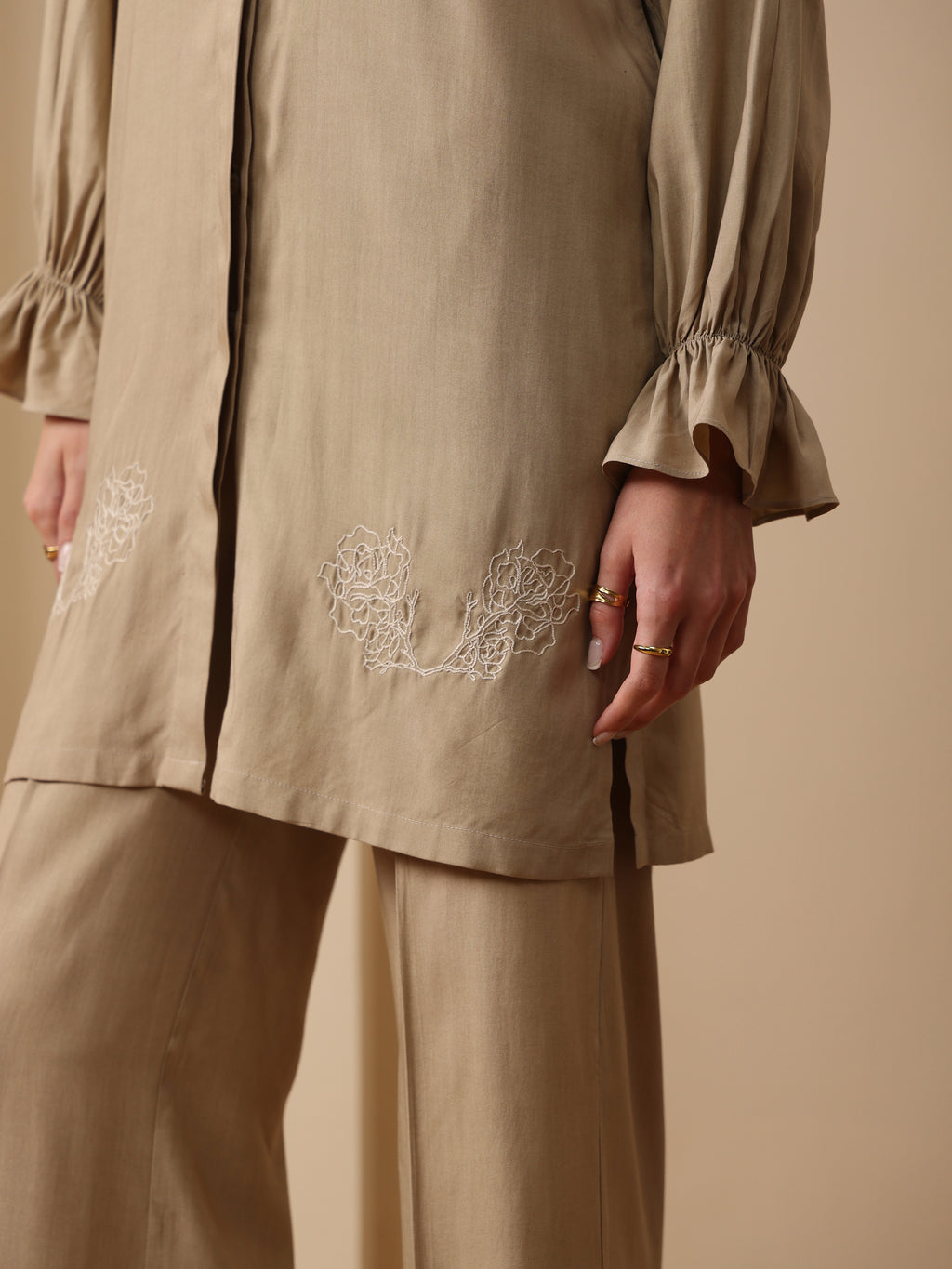 Summer sand embroidered shirt with embroider flared pant