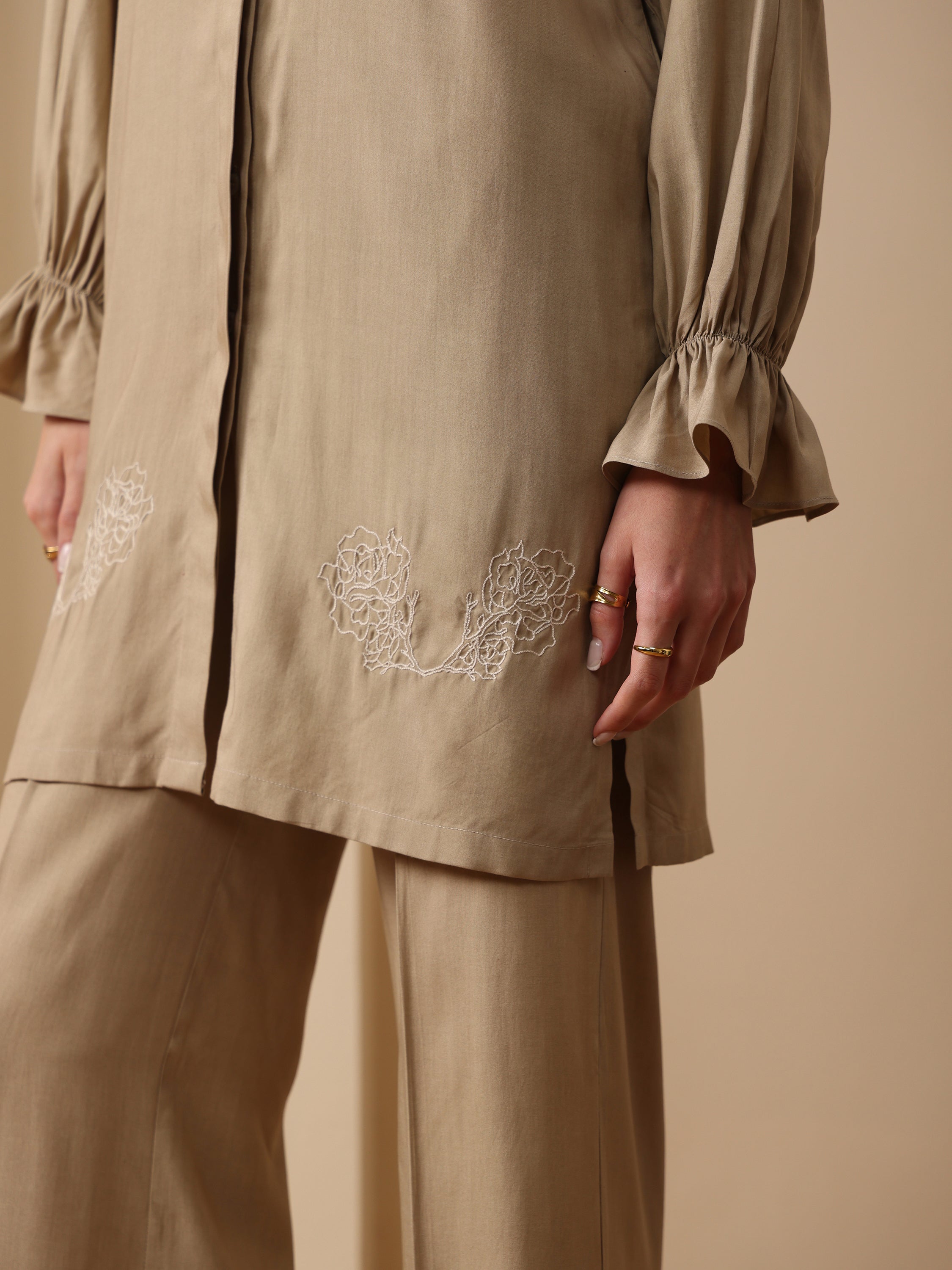 Summer sand embroidered shirt with embroider flared pant