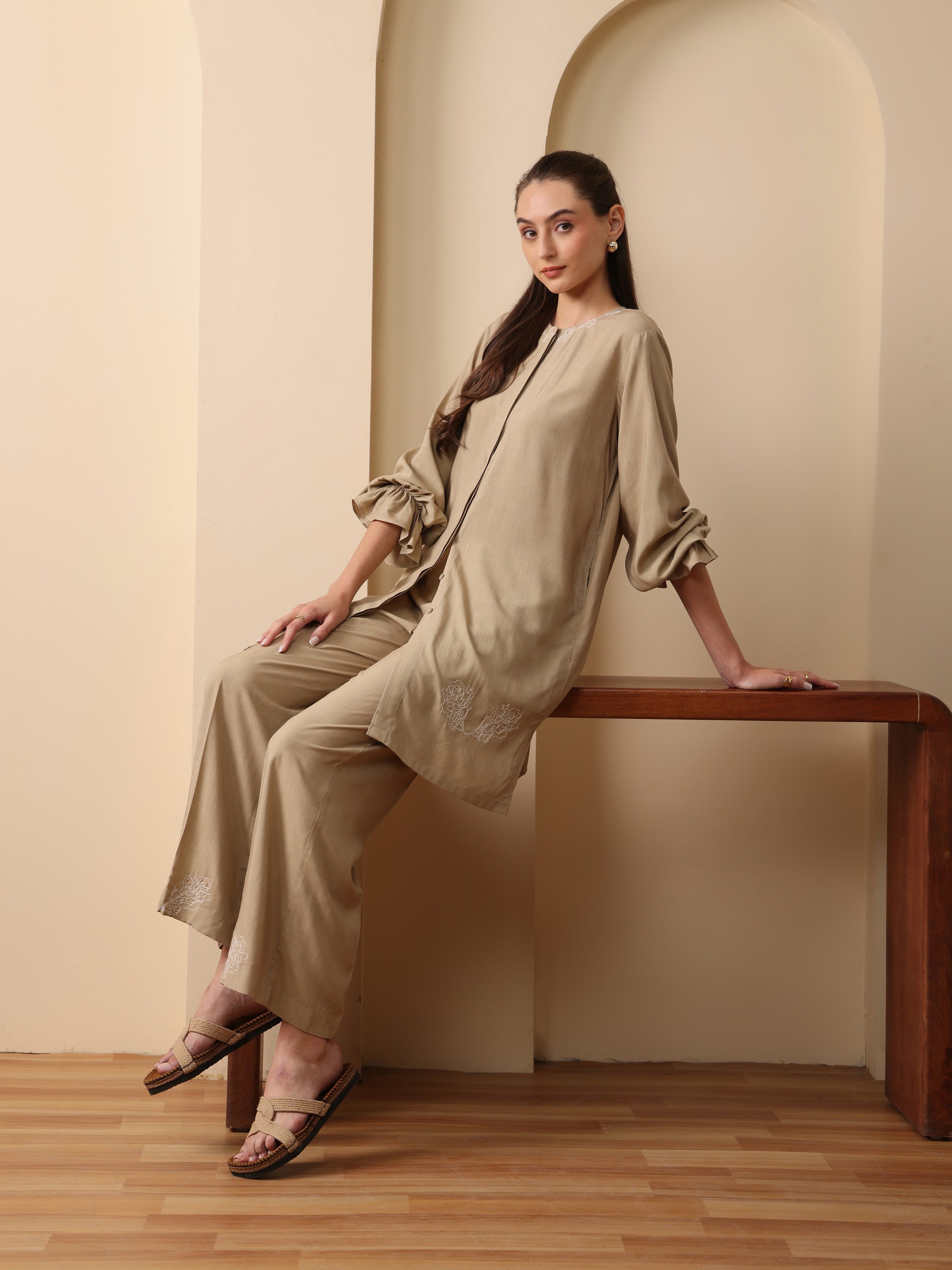Summer sand embroidered shirt with embroider flared pant