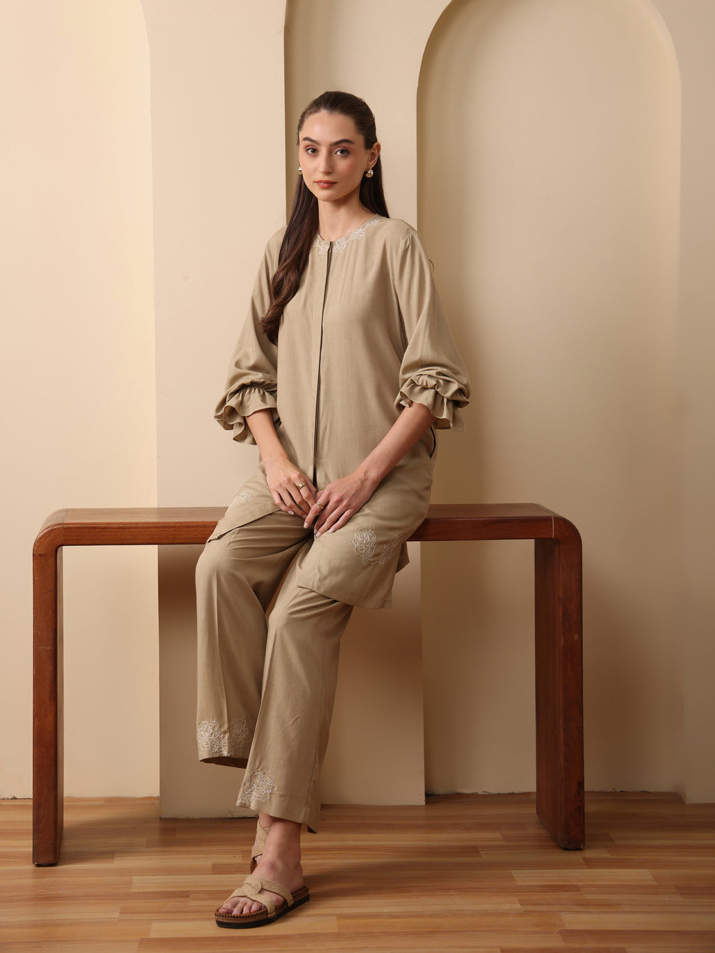 Summer sand embroidered shirt with embroider flared pant