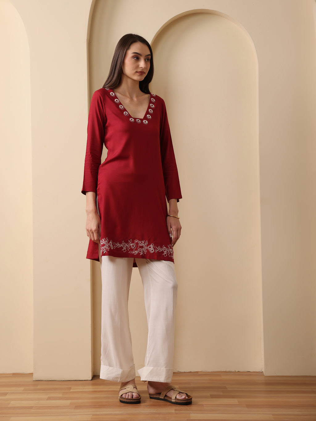 Merlot deep red embroidered kurta with pant