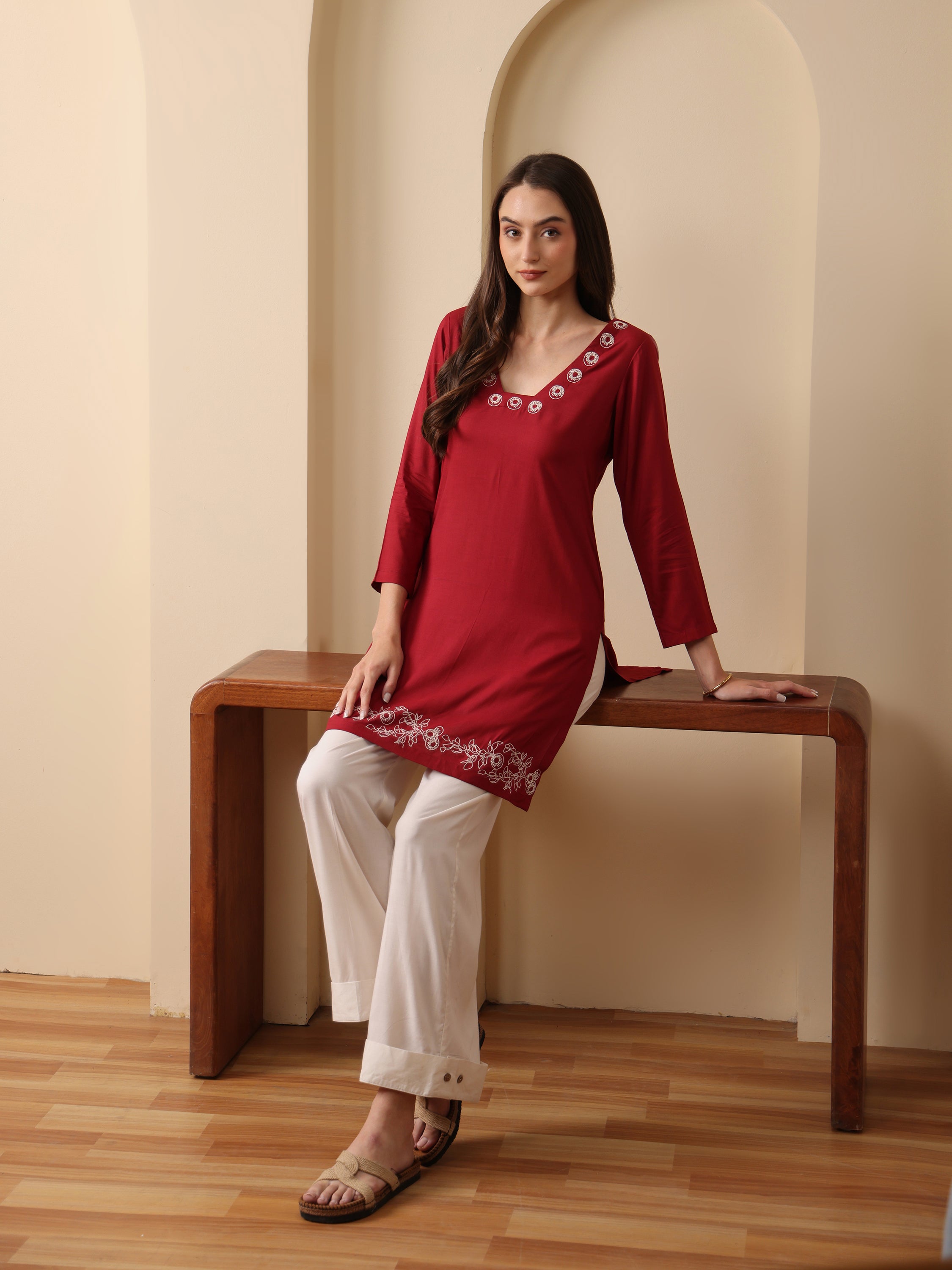Merlot deep red embroidered kurta with pant