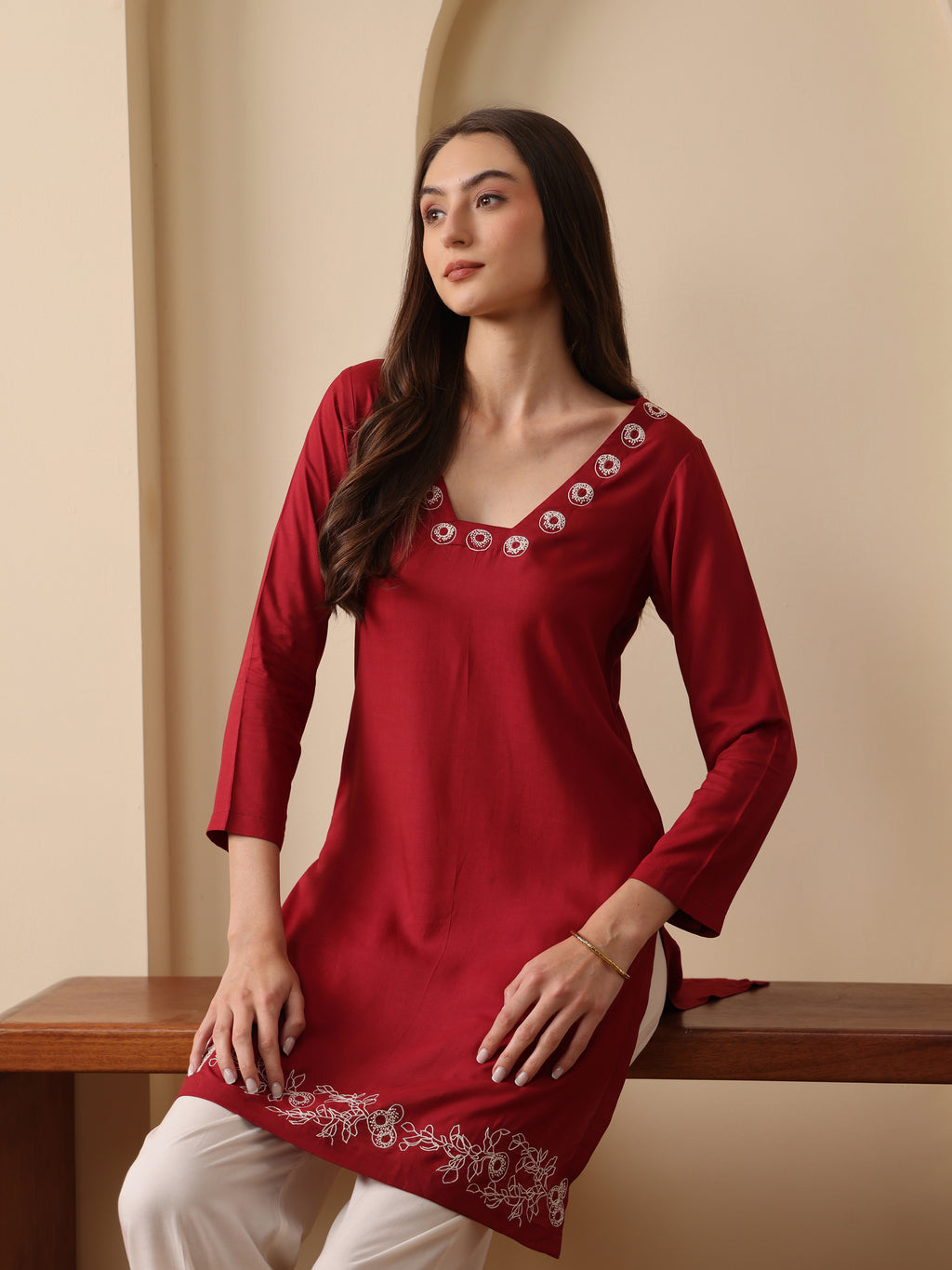 Merlot deep red embroidered kurta with pant