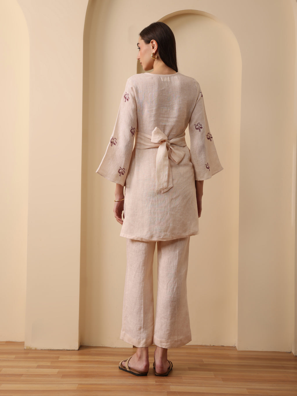 Beige linen embroidered back tie kurta with pant