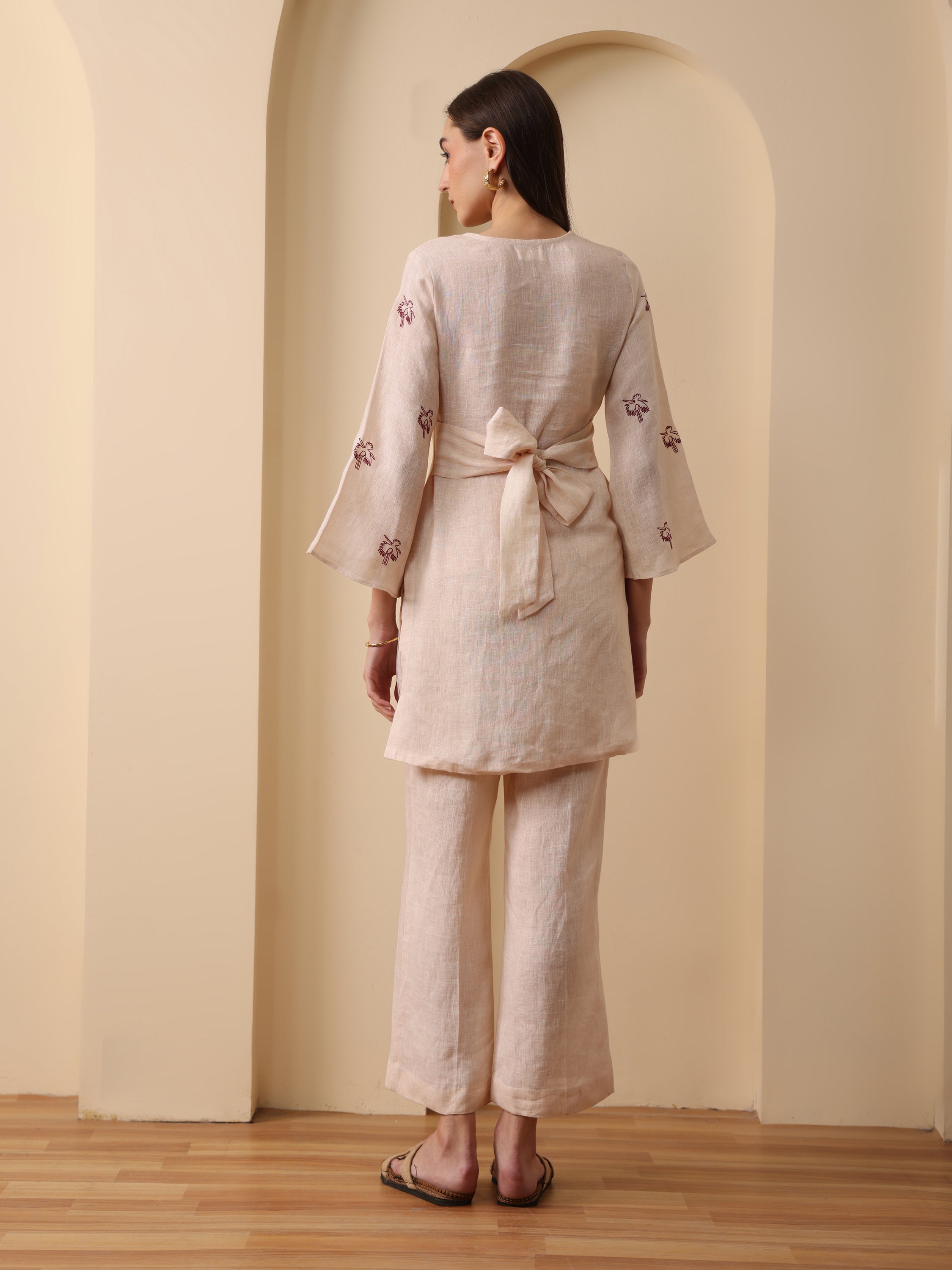 Beige linen embroidered back tie kurta with pant