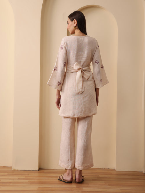 Beige linen embroidered back tie kurta with pant