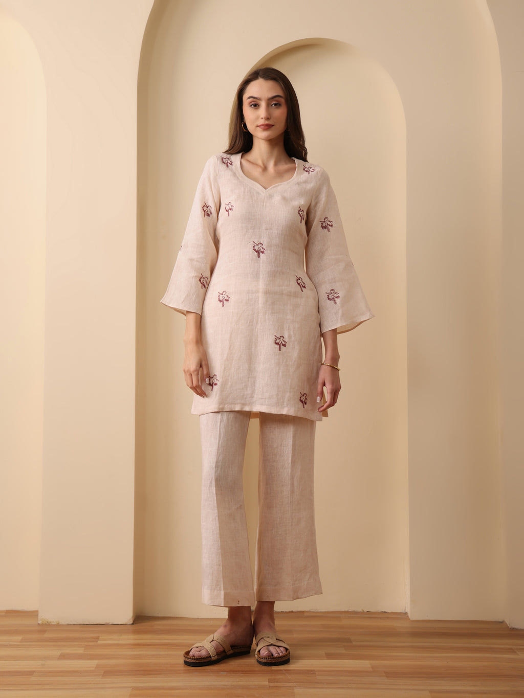 Beige linen embroidered back tie kurta with pant