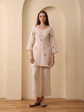 Beige linen embroidered back tie kurta with pant