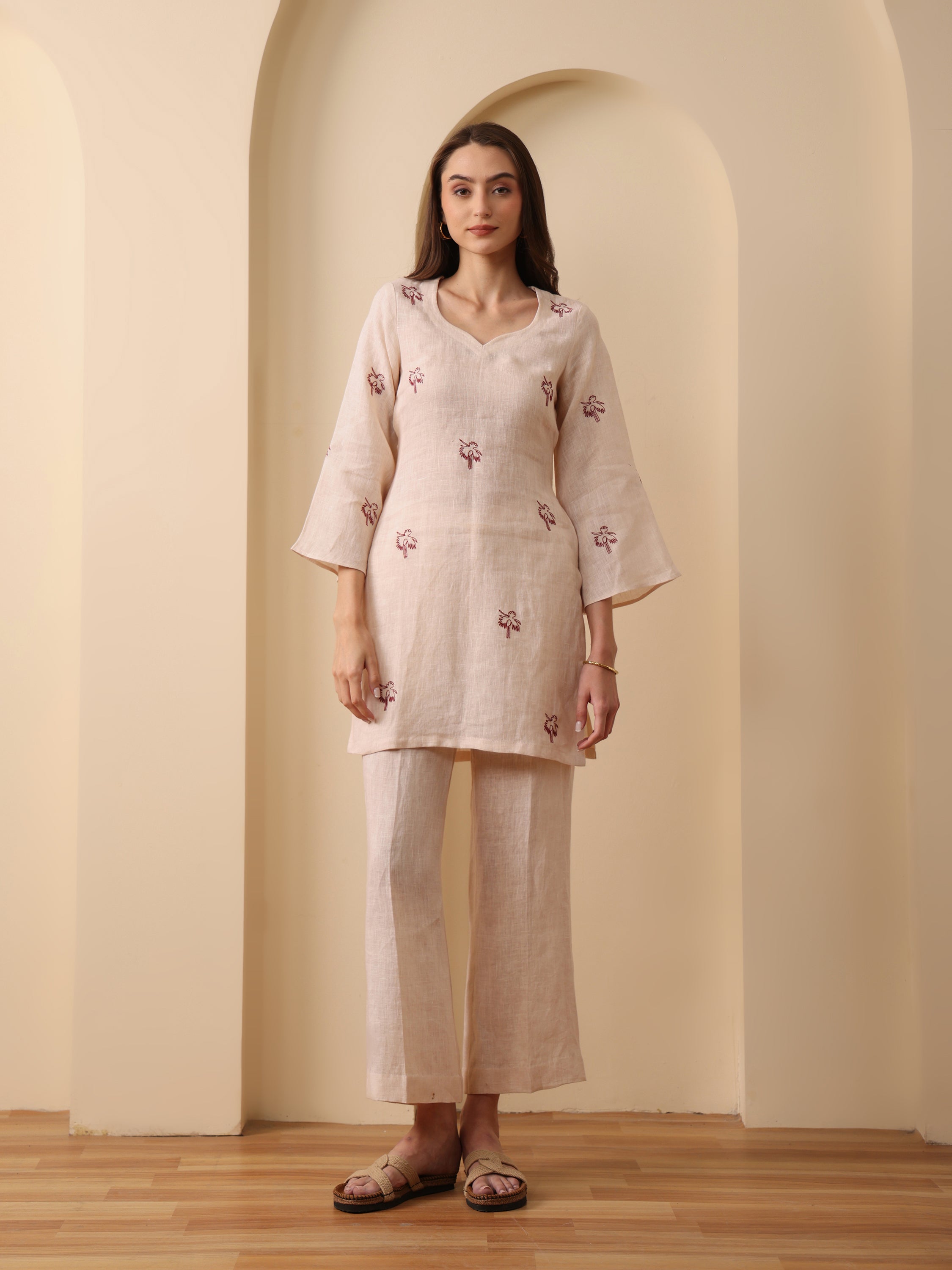 Beige linen embroidered back tie kurta with pant