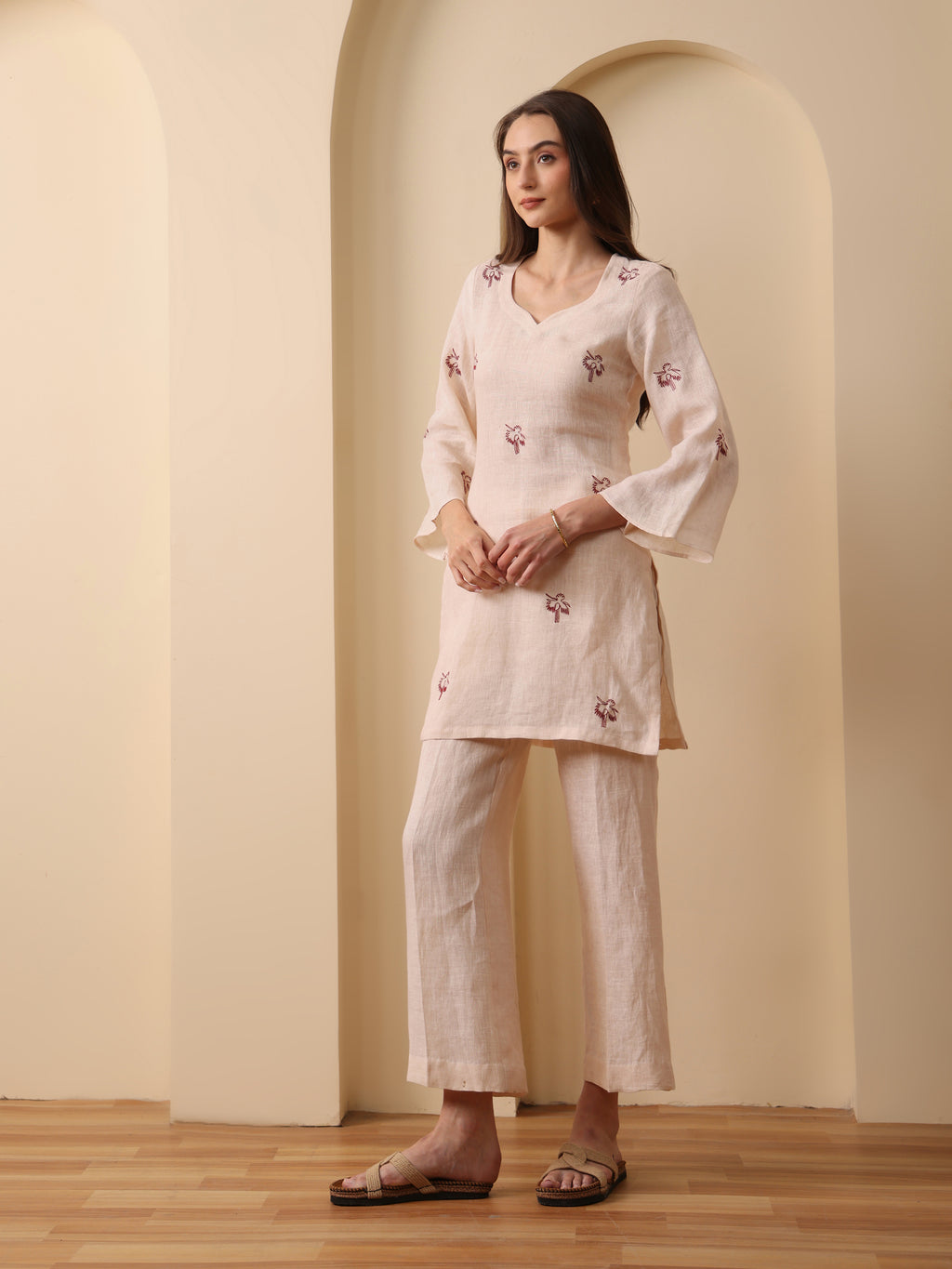 Beige linen embroidered back tie kurta with pant