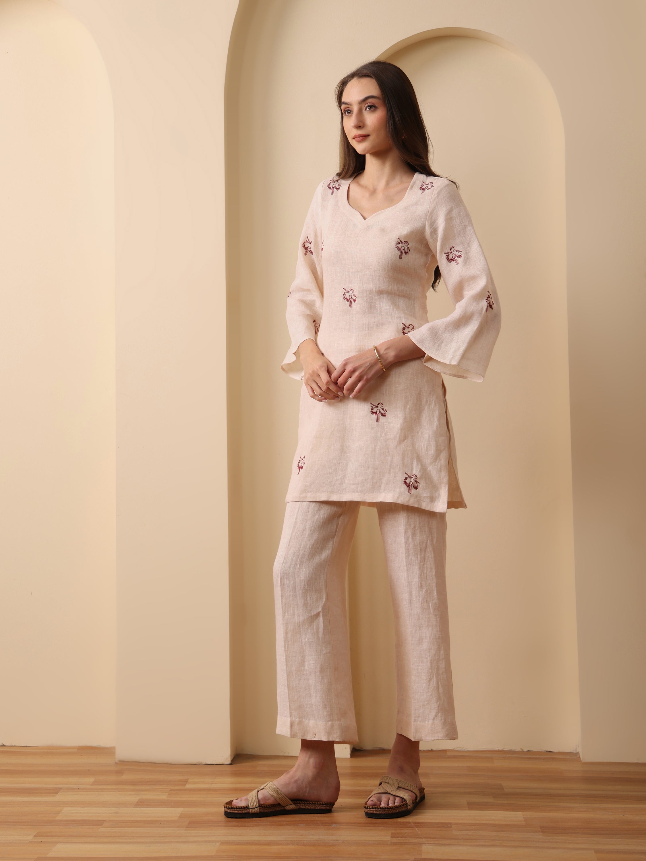 Beige linen embroidered back tie kurta with pant