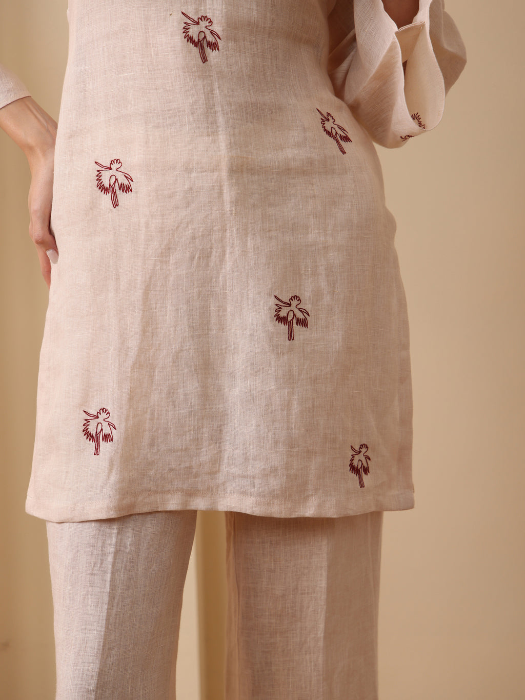 Beige linen embroidered back tie kurta with pant