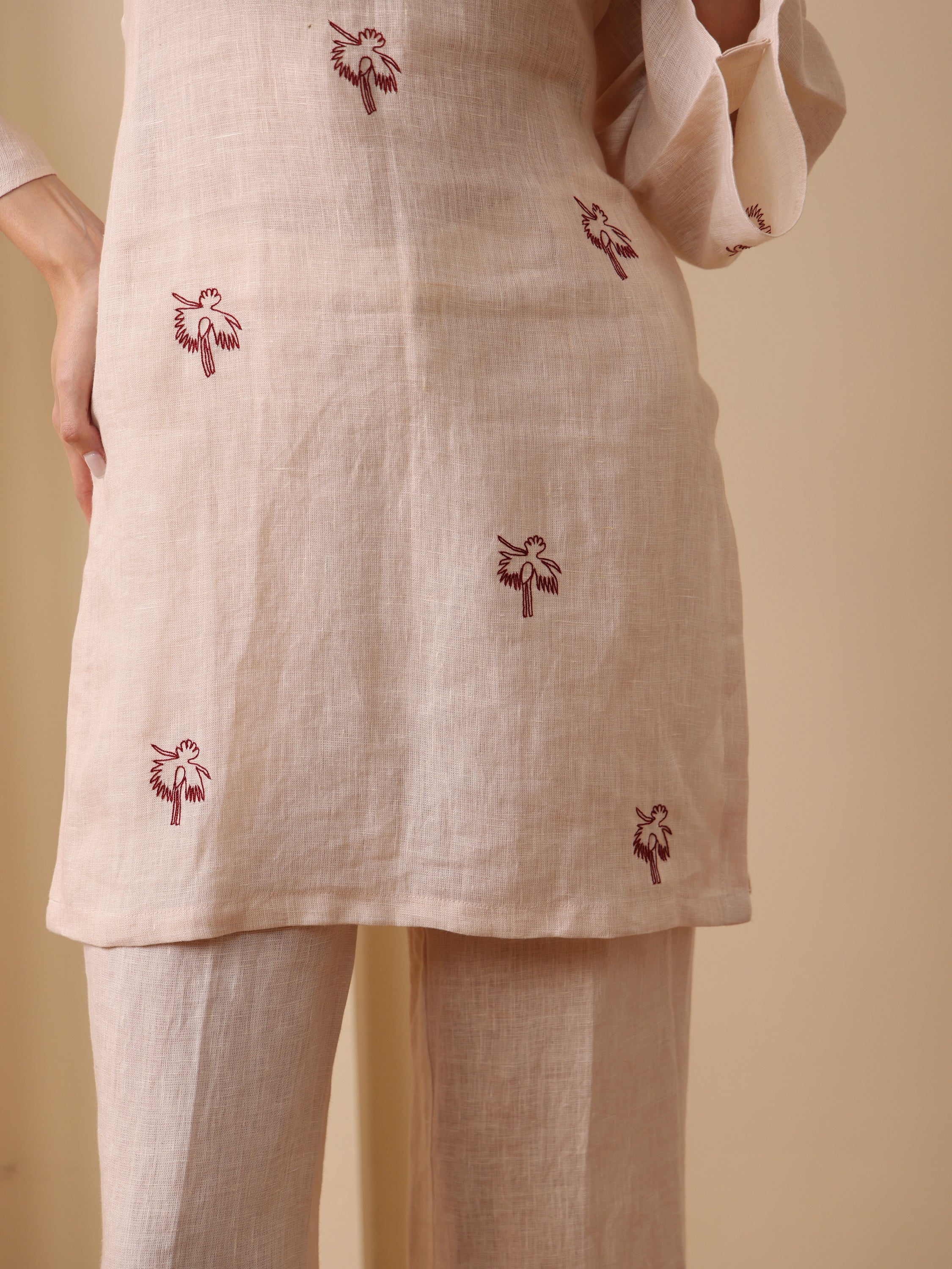 Beige linen embroidered back tie kurta with pant
