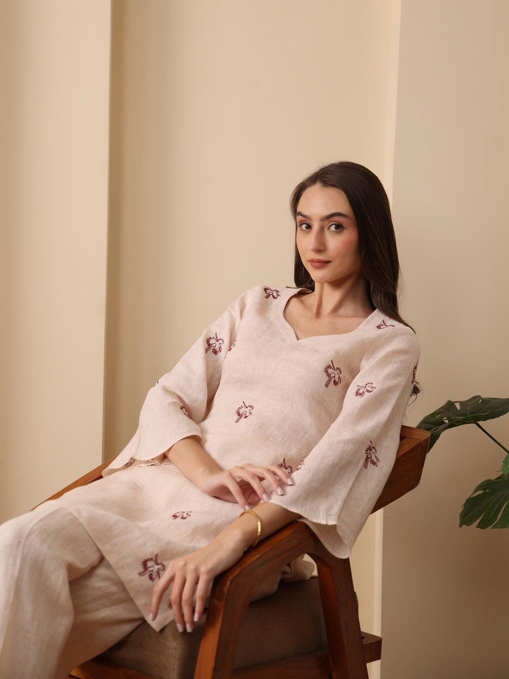 Beige linen embroidered back tie kurta with pant