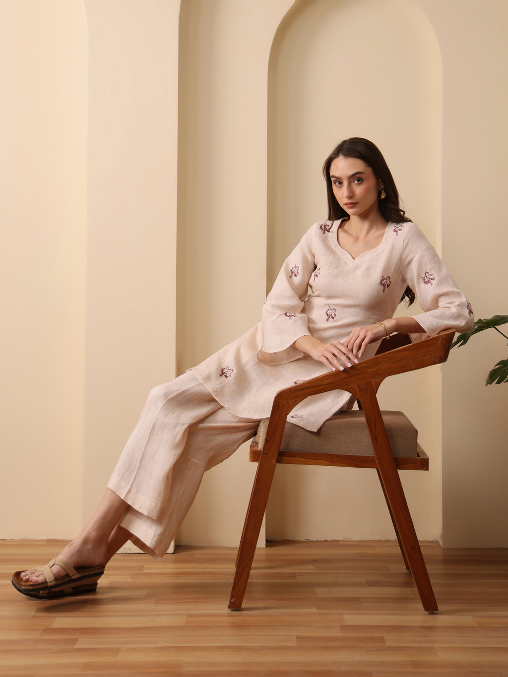 Beige linen embroidered back tie kurta with pant