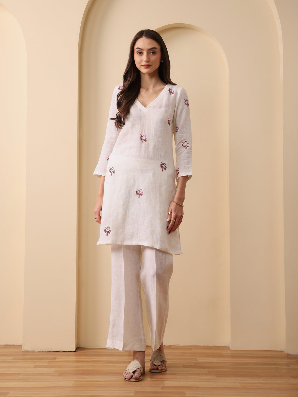 Off white lenin embroidered v neck kurta with pant set of 2