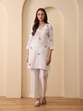 Off white lenin embroidered v neck kurta with pant set of 2