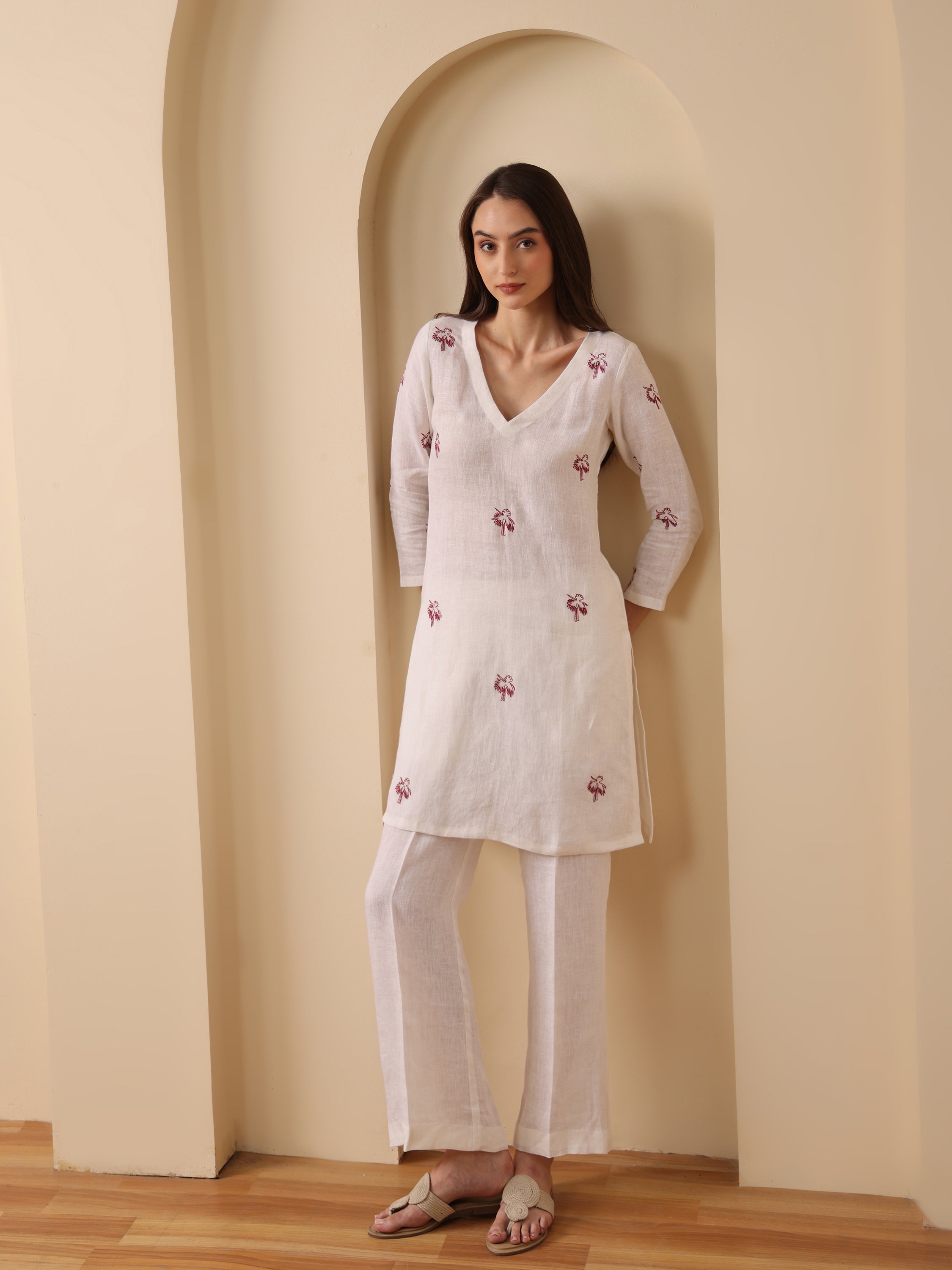 Off white lenin embroidered v neck kurta with pant set of 2