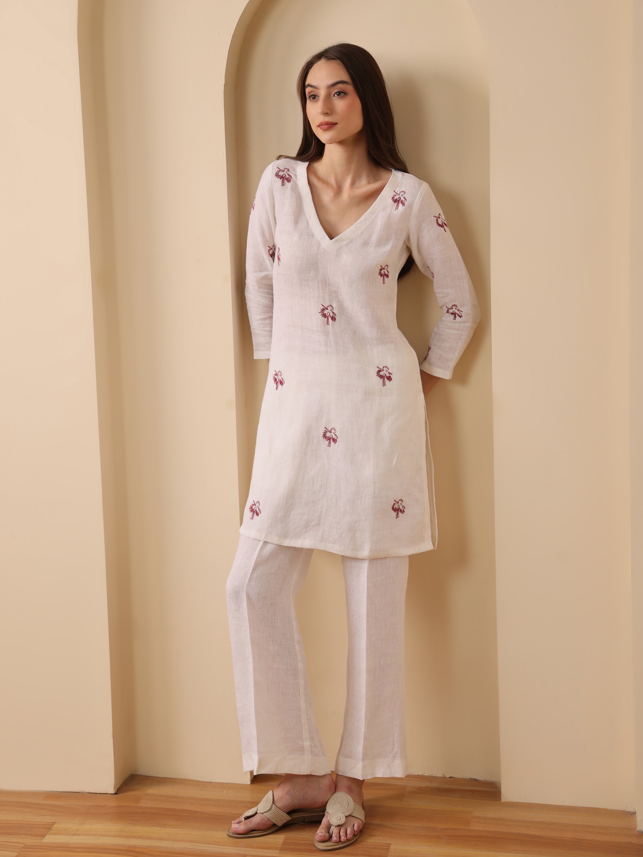 Off white lenin embroidered v neck kurta with pant set of 2