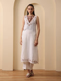 off white embroidered lenin deep v neck kurta with pant and embroidered inner