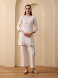 Off white lenin embroidered boat neck kurta with pant