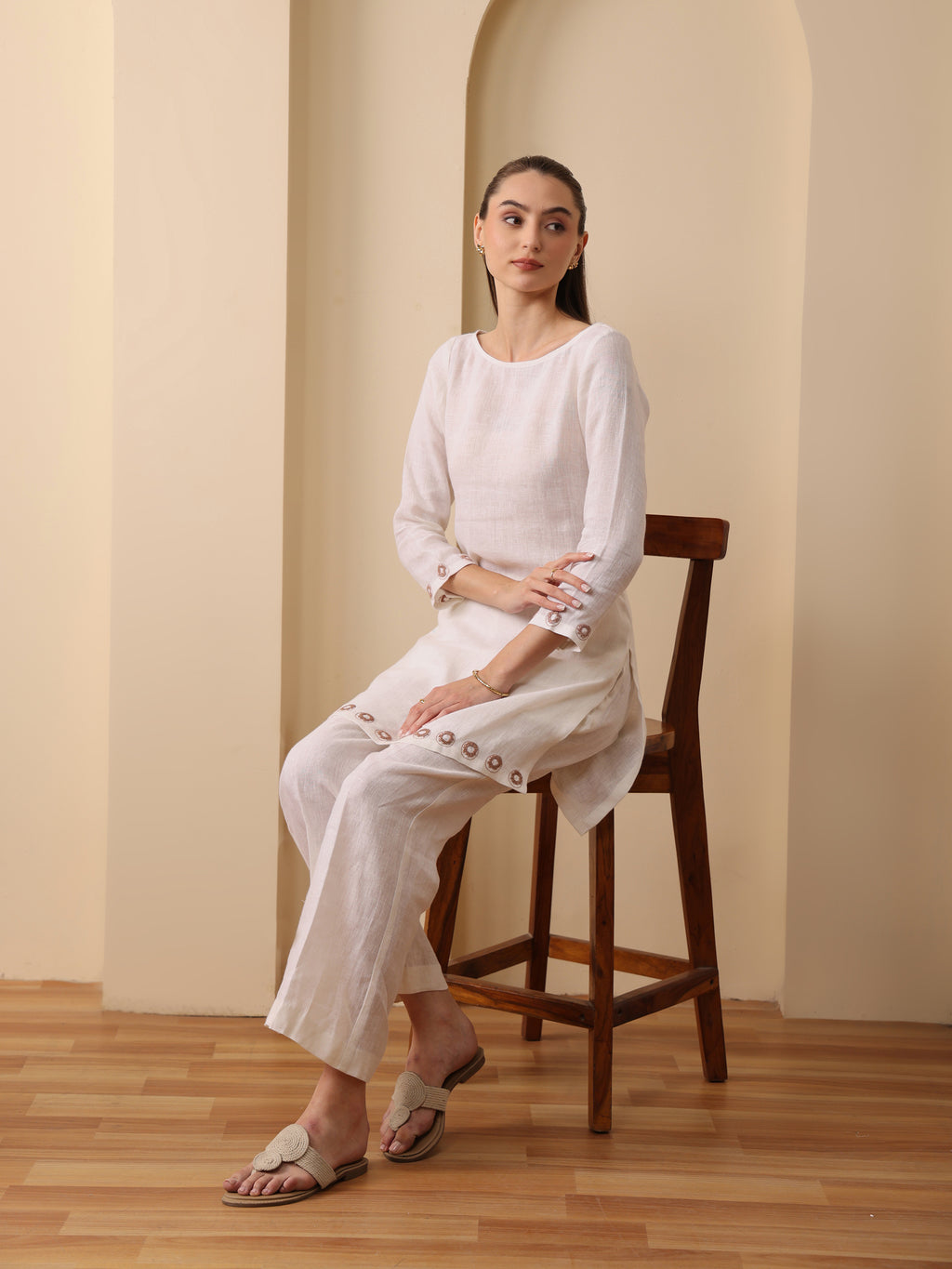 Off white lenin embroidered boat neck kurta with pant