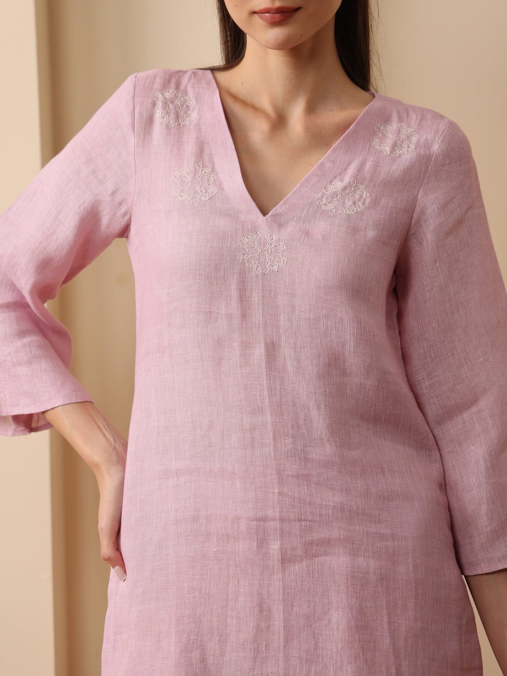Primrose Pink lenin v neck kurta with pant